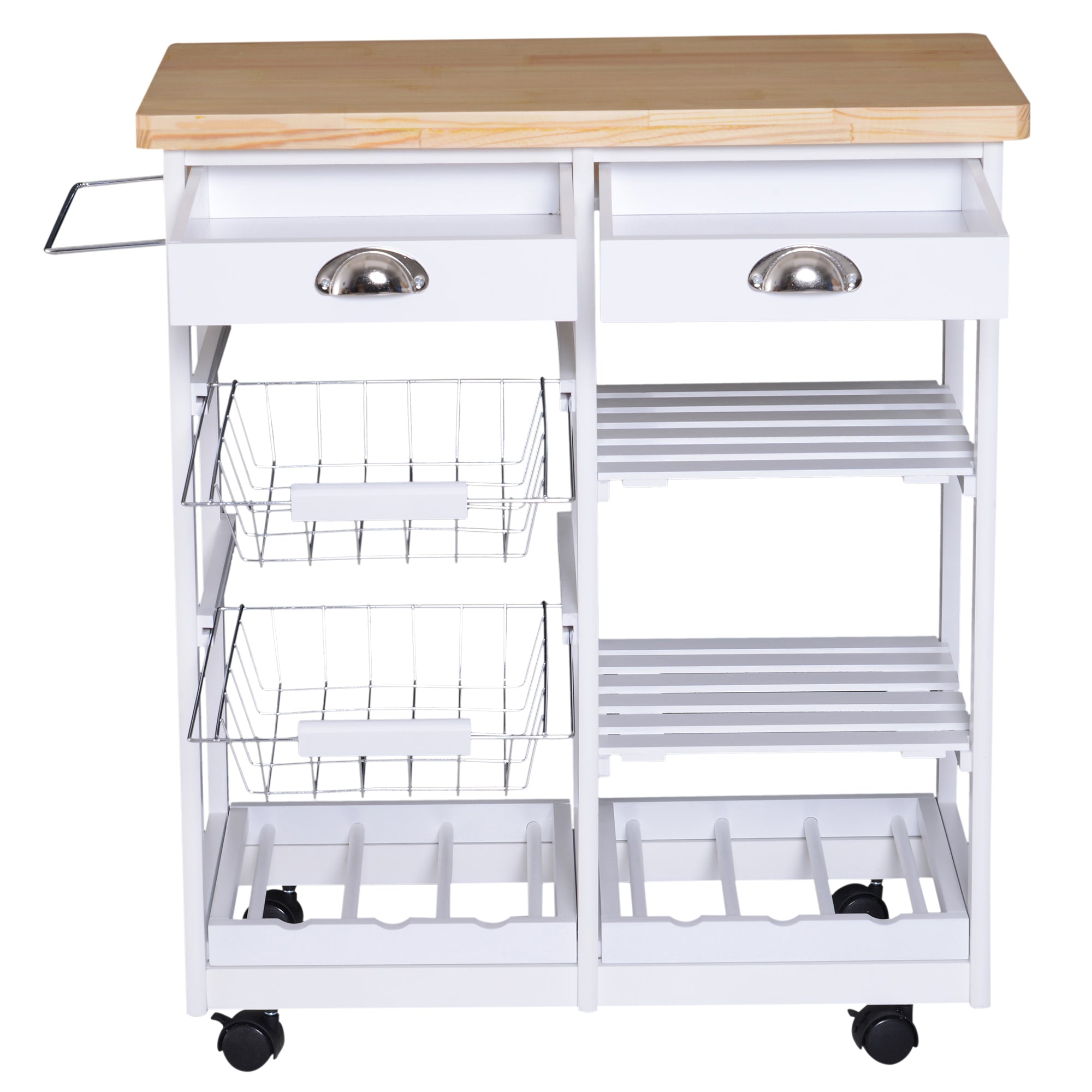 HOMCOM Rolling Kitchen Island Trolley Cart Drawer Shelves Basket Wheels W/  6 Bottle Wine Rack White - Inspirely