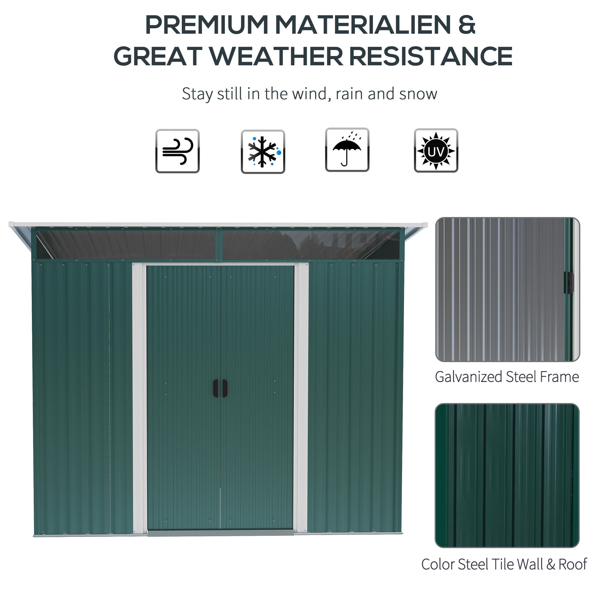 Outsunny Pent Roofed Metal Garden Shed House Hut Gardening Tool Storage w/ Ventilation 260L x 194W x 200H cm - Inspirely