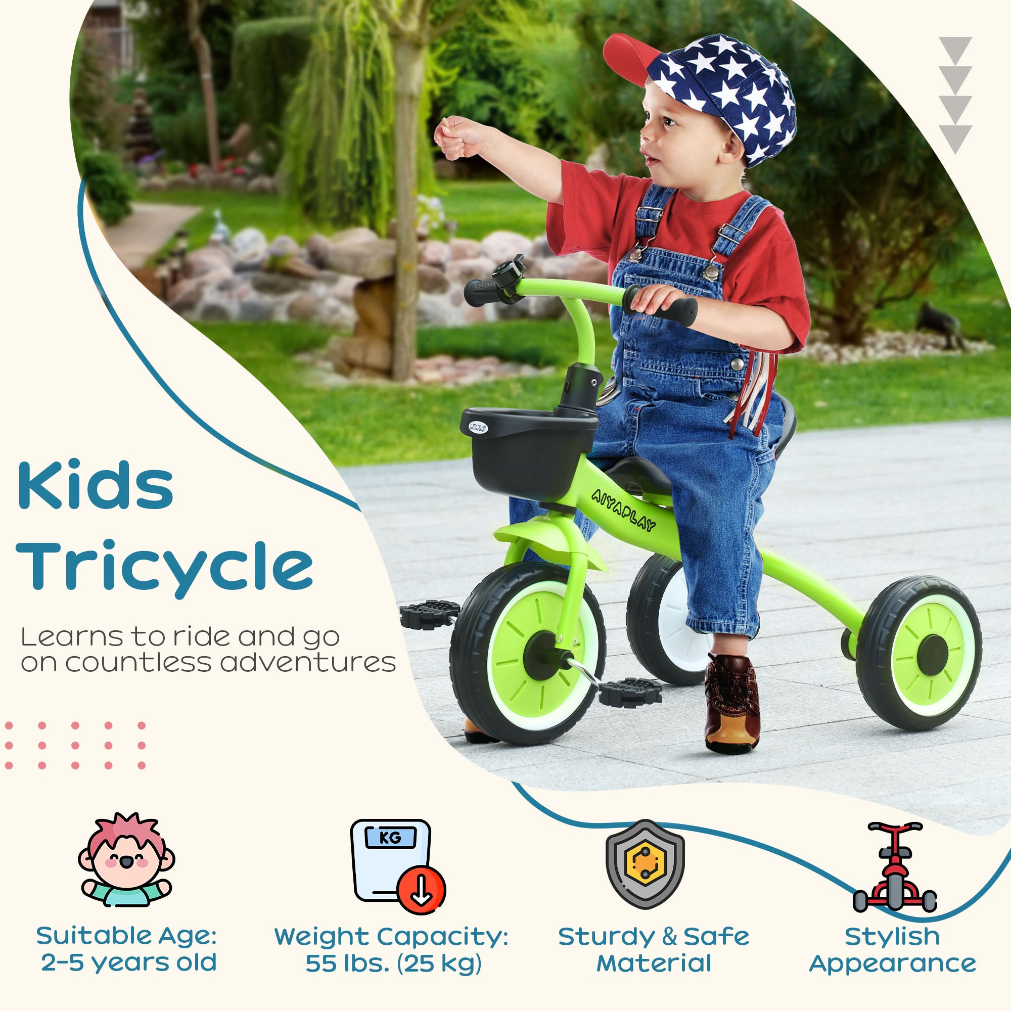 AIYAPLAY Kids Trike, Tricycle, with Adjustable Seat, Basket, Bell, for Ages 2-5 Years - Green