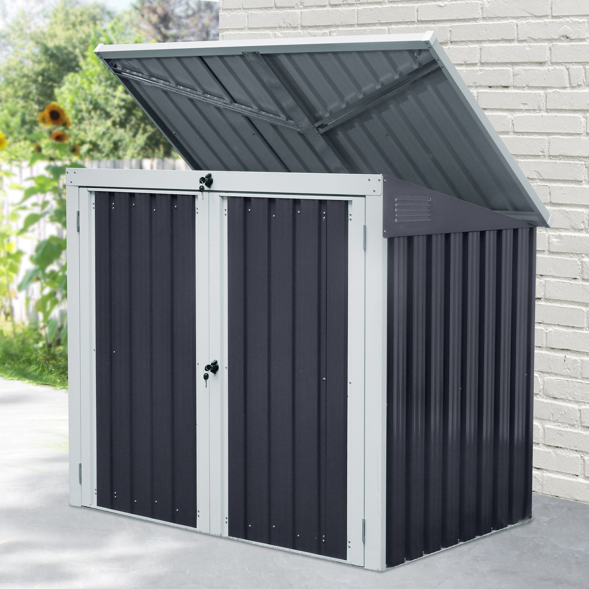 Outsunny 5ft x 3ft Garden 2-Bin Corrugated Steel Rubbish Storage Shed w/ Locking Doors Lid Outdoor Hygienic Dustbin Unit Garbage Trash Cover - Inspirely