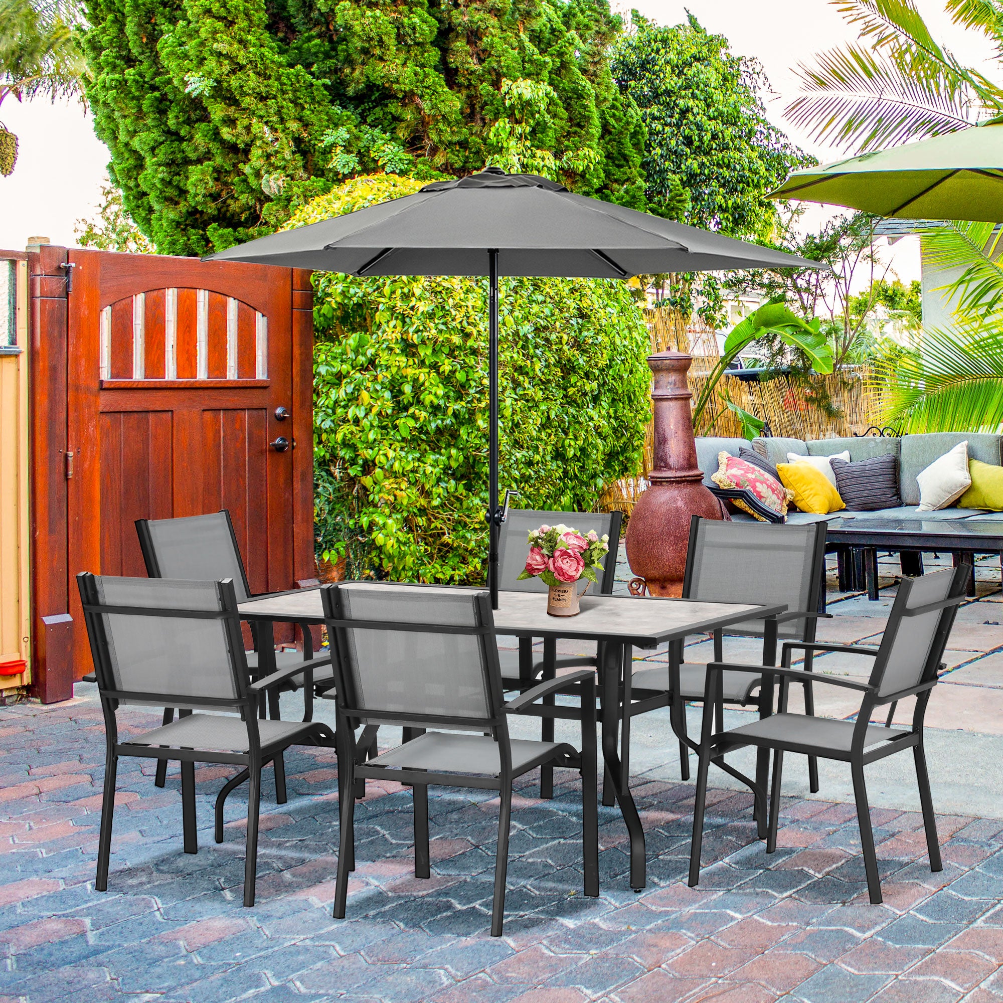 Outsunny 7 Piece Garden Dining Set, Armchairs and Table with Parasol Hole, 6 Seater Outdoor Patio Furniture with Texteline Seat for Backyard, Grey - Inspirely