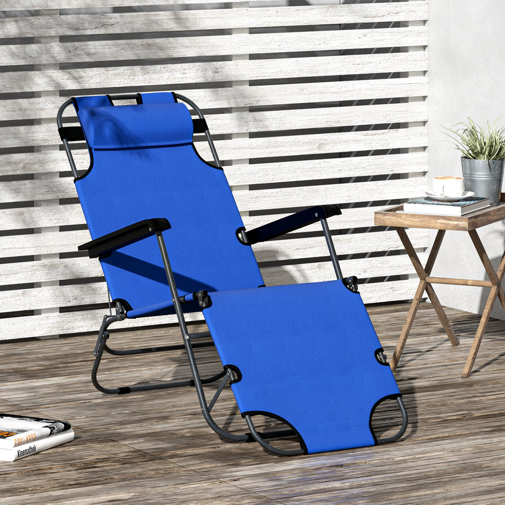 Outsunny 2 in 1 Sun Lounger Folding Reclining Chair Garden Outdoor Camping Adjustable Back with Pillow (Blue) - Inspirely