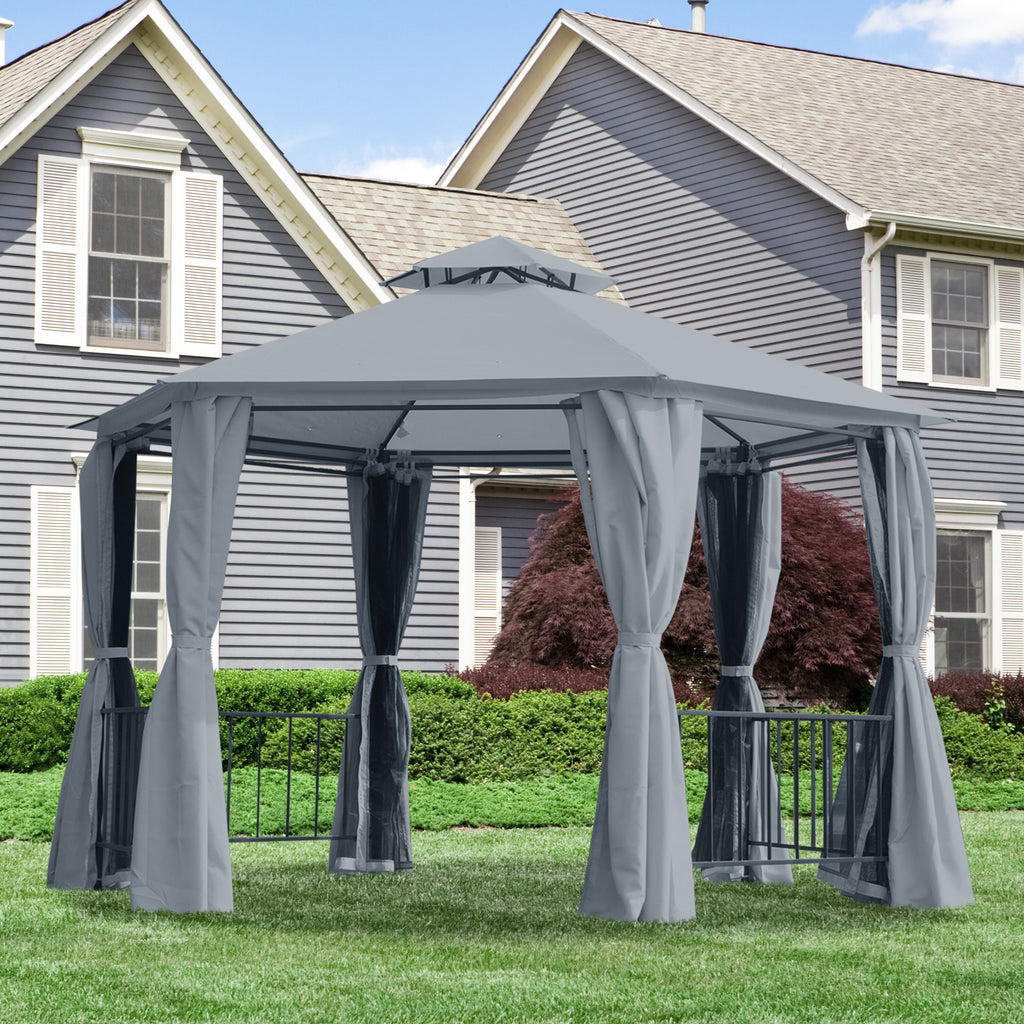Outsunny Hexagon Gazebo Patio Canopy Party Tent Outdoor Garden Shelter w/ 2 Tier Roof & Side Panel - Grey - Inspirely