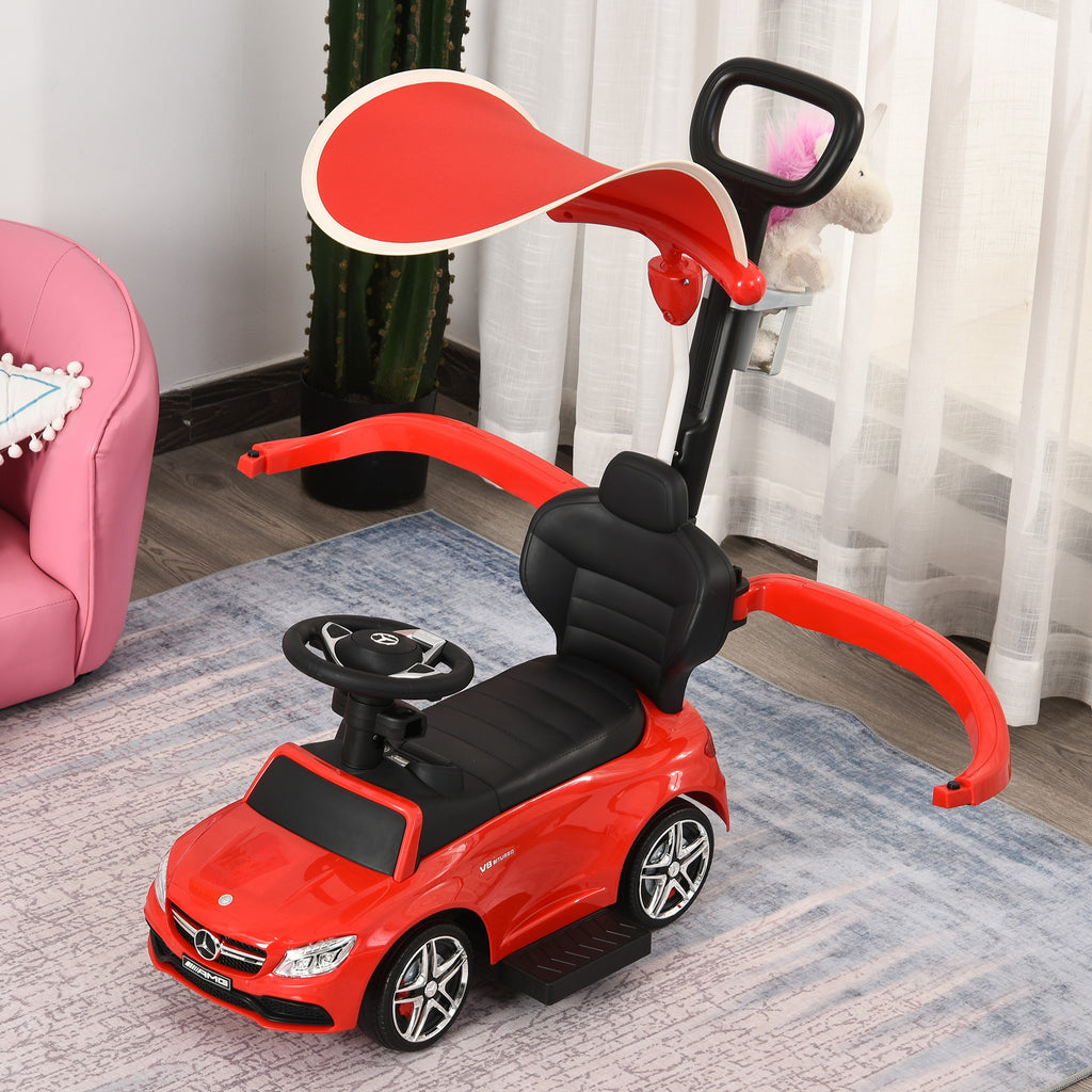 HOMCOM 3 in 1 Ride On Push Along Car Mercedes Benz for Toddlers Stroller Sliding Walking Car with Sun Canopy Horn Safety Bar Cup Holder Ride on Toy - Inspirely