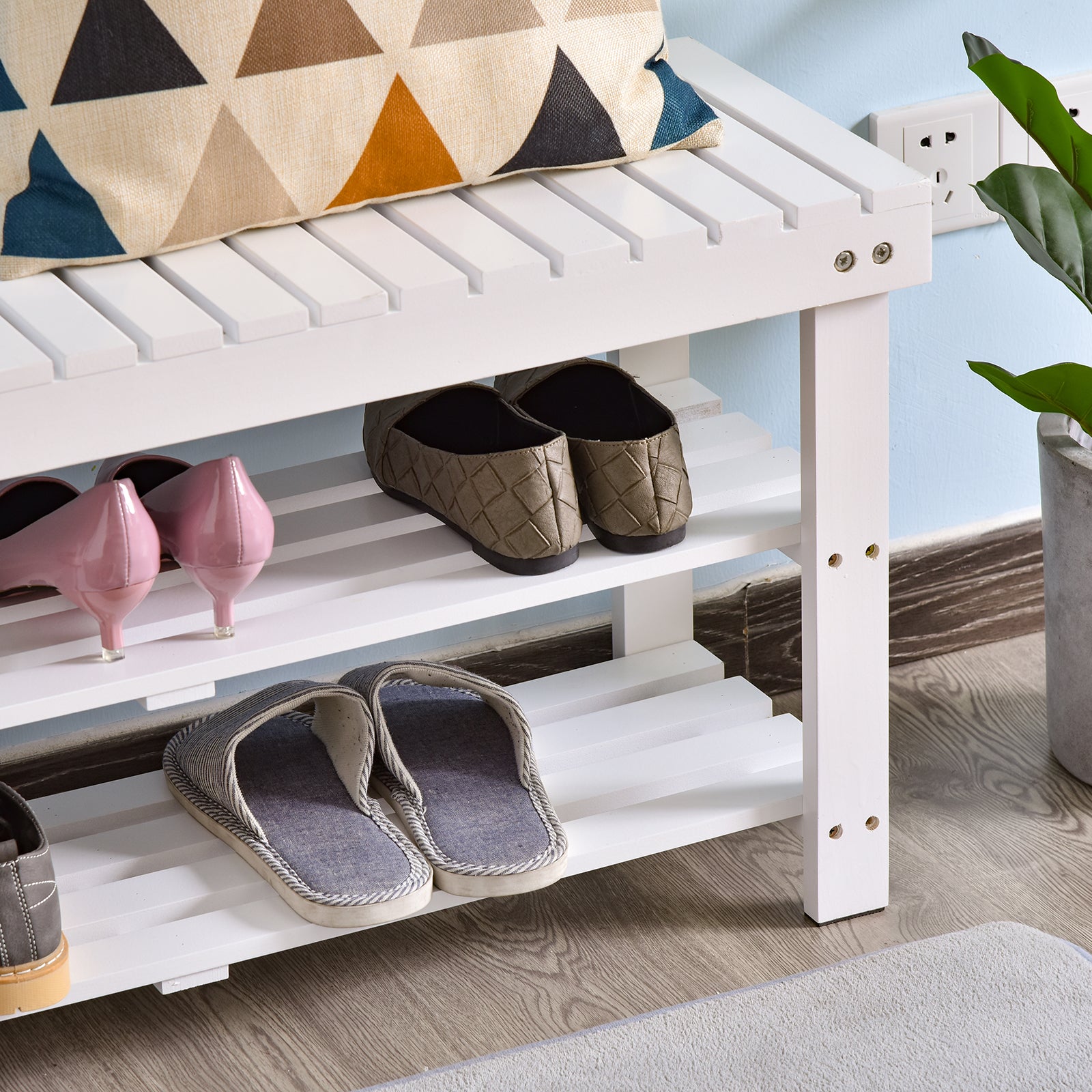 HOMCOM Shoe Bench, 3-Tier Wooden Shoe Rack with Hidden Storage Compartment, Slatted Shelves, Home Storage Unit, Hallway Furniture, White - Inspirely