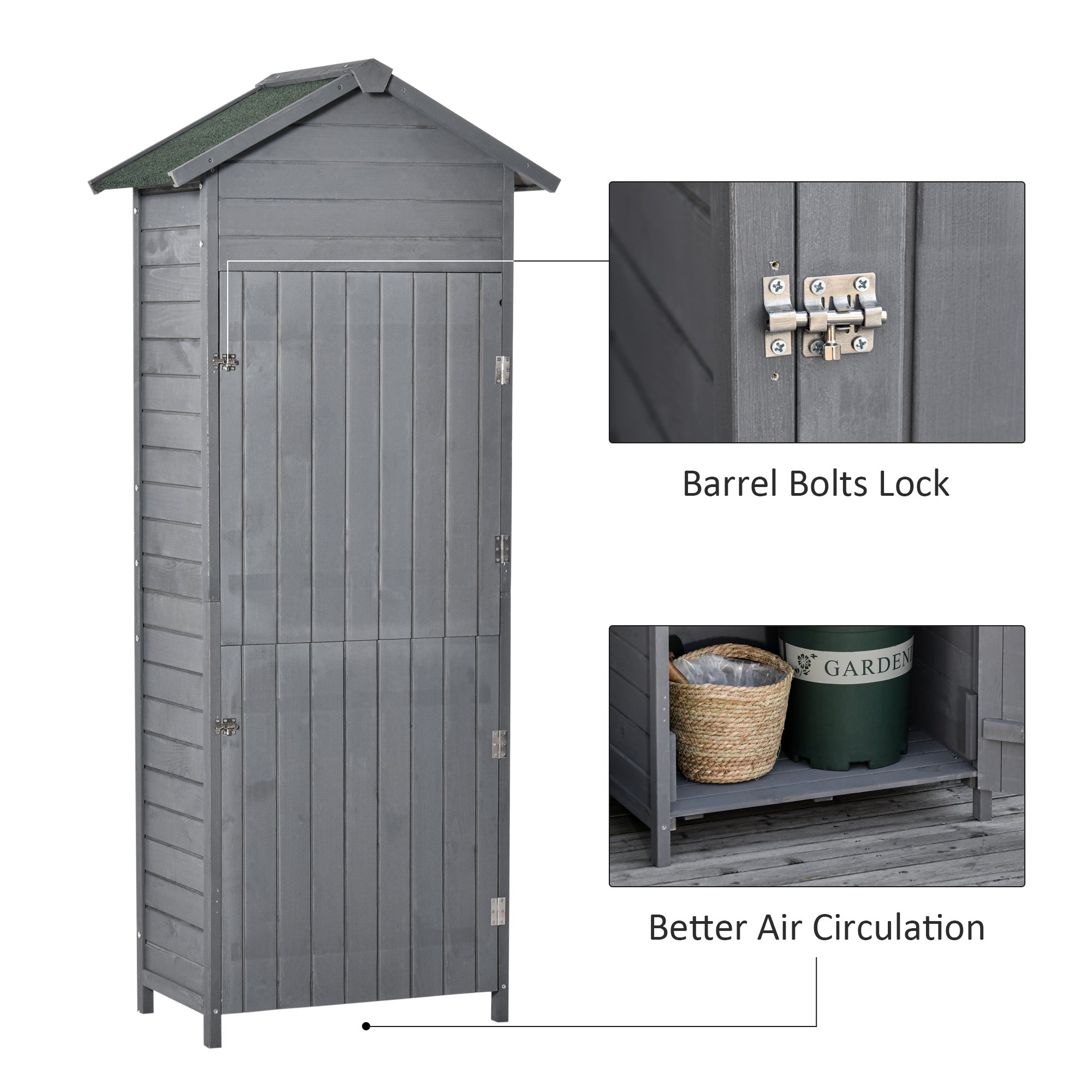 Outsunny Wooden Garden Storage Shed Timber Tool Cabinet Organiser w/ Tilted-felt Roof, Shelves, Lockable Doors, 189 x 82 x 49 cm, Grey - Inspirely