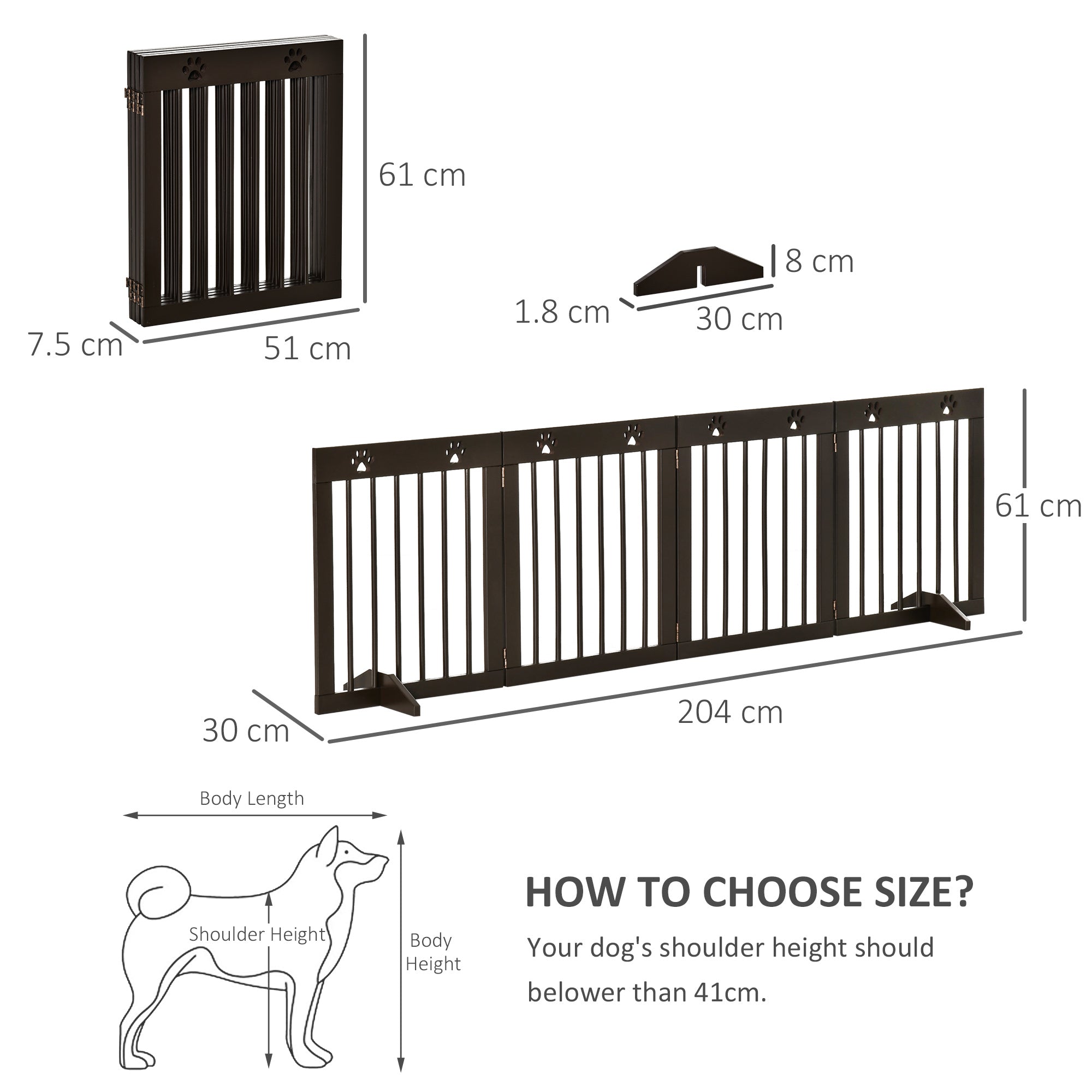 PawHut Freestanding Pet Gate 4 Panel Wooden Dog Barrier Folding Safety Fence with Support Feet up to 204cm Long 61cm Tall for Doorway Stairs Brown - Inspirely