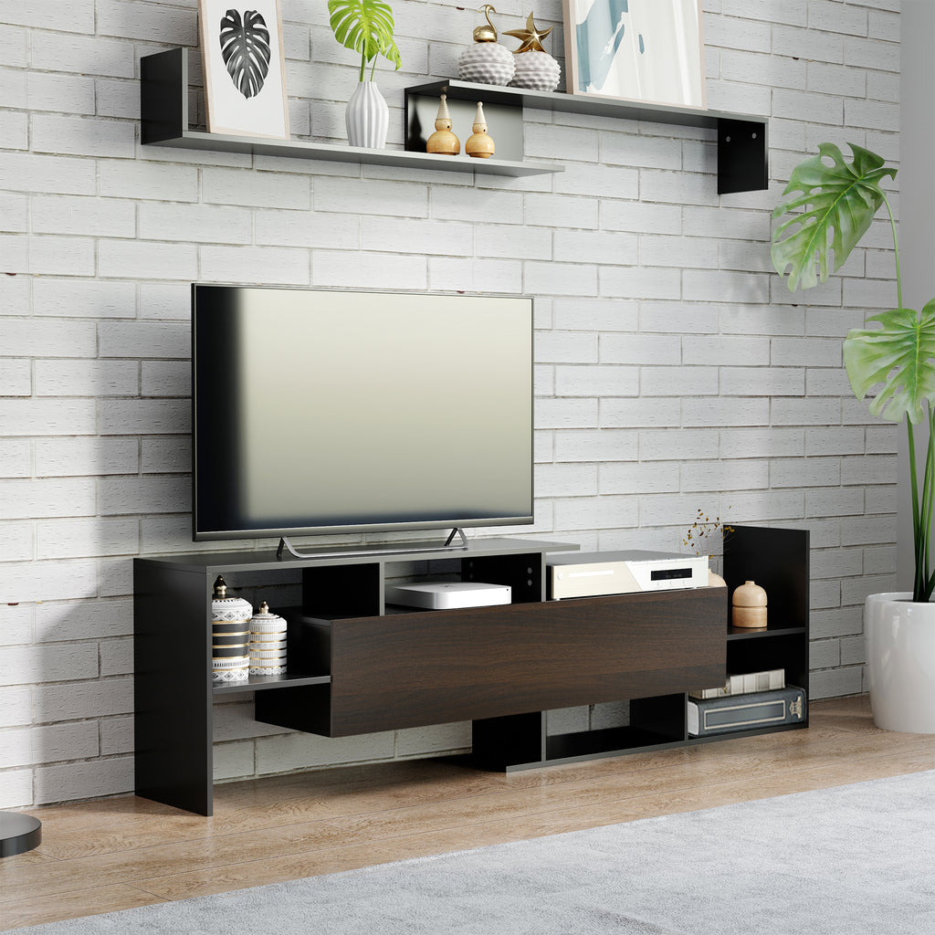 HOMCOM Modern TV Cabinet with Wall Shelf, TV Unit with Storage Shelf and Cabinet, for Wall-Mounted 65" TVs, Living Room Bedroom, Black and Dark Brown