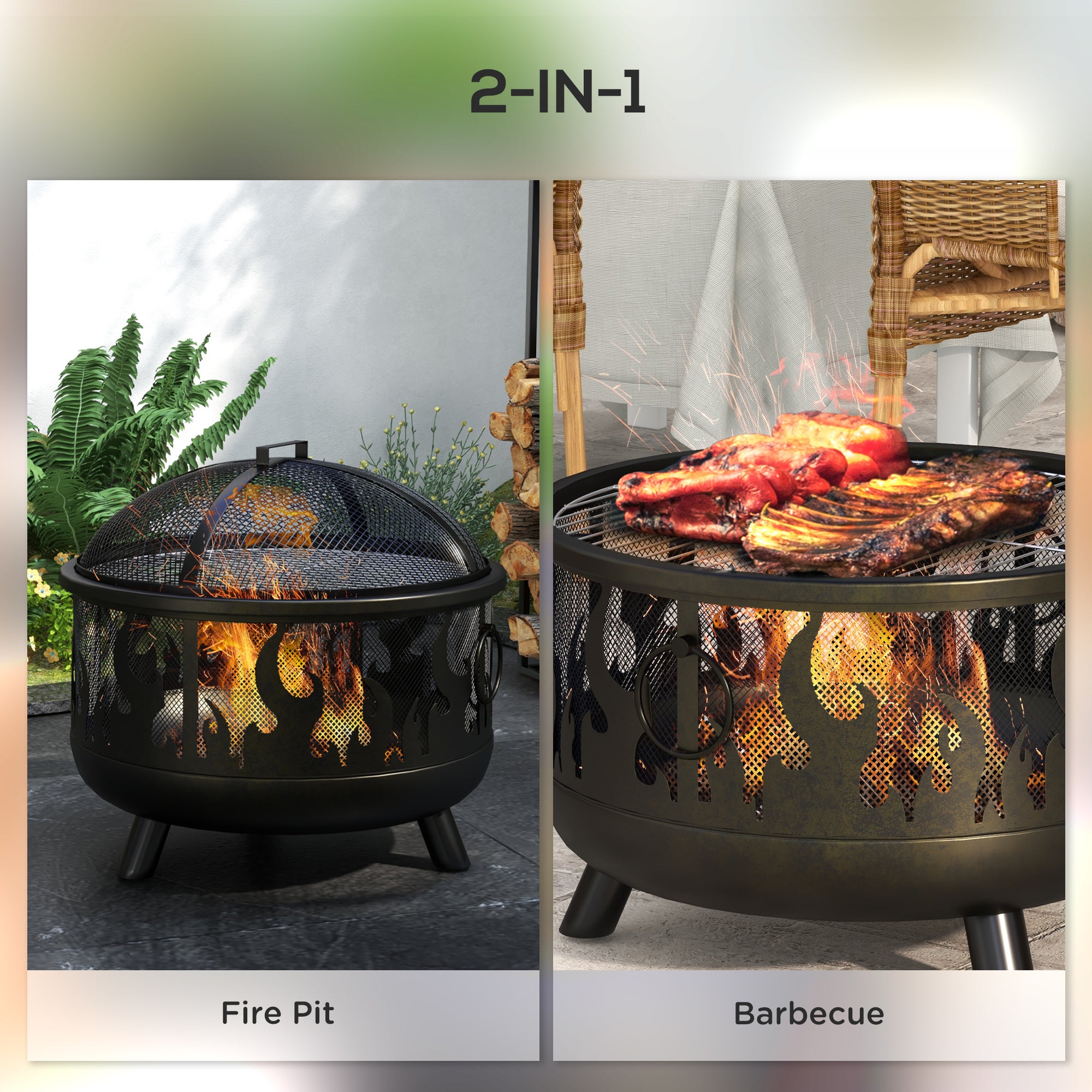 Outsunny Metal Firepit Bowl Outdoor 2-In-1 Round Fire Pit w/ Lid, Grill, Poker, Handles for Garden, Camping, BBQ, Bonfire, Wood Burning Stove, 61.5 x 61.5 x 52cm, Black