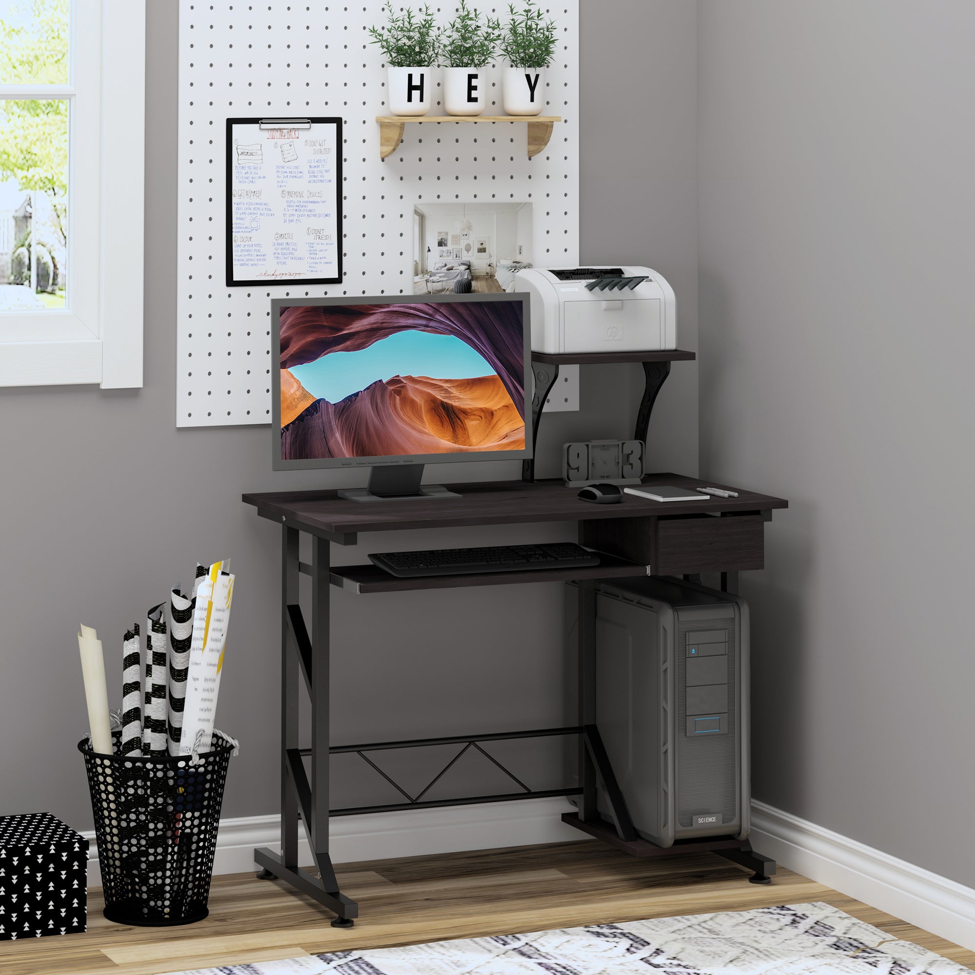 HOMCOM Computer Desk with Display Stand, Executive Wooden PC Tray Table Home Office Storage Workstation - Inspirely