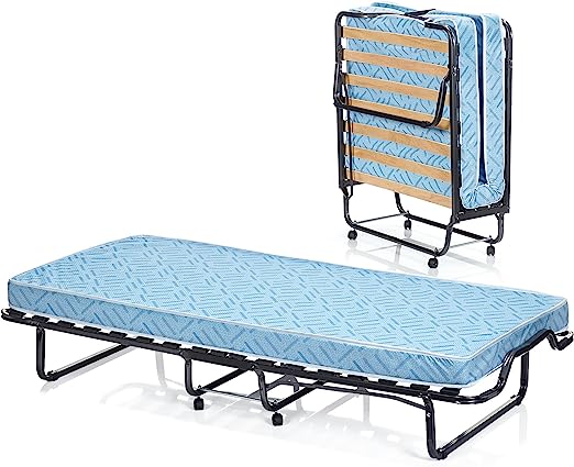 Folding Bed with 10cm Memory Foam Mattress and Wheels-Blue
