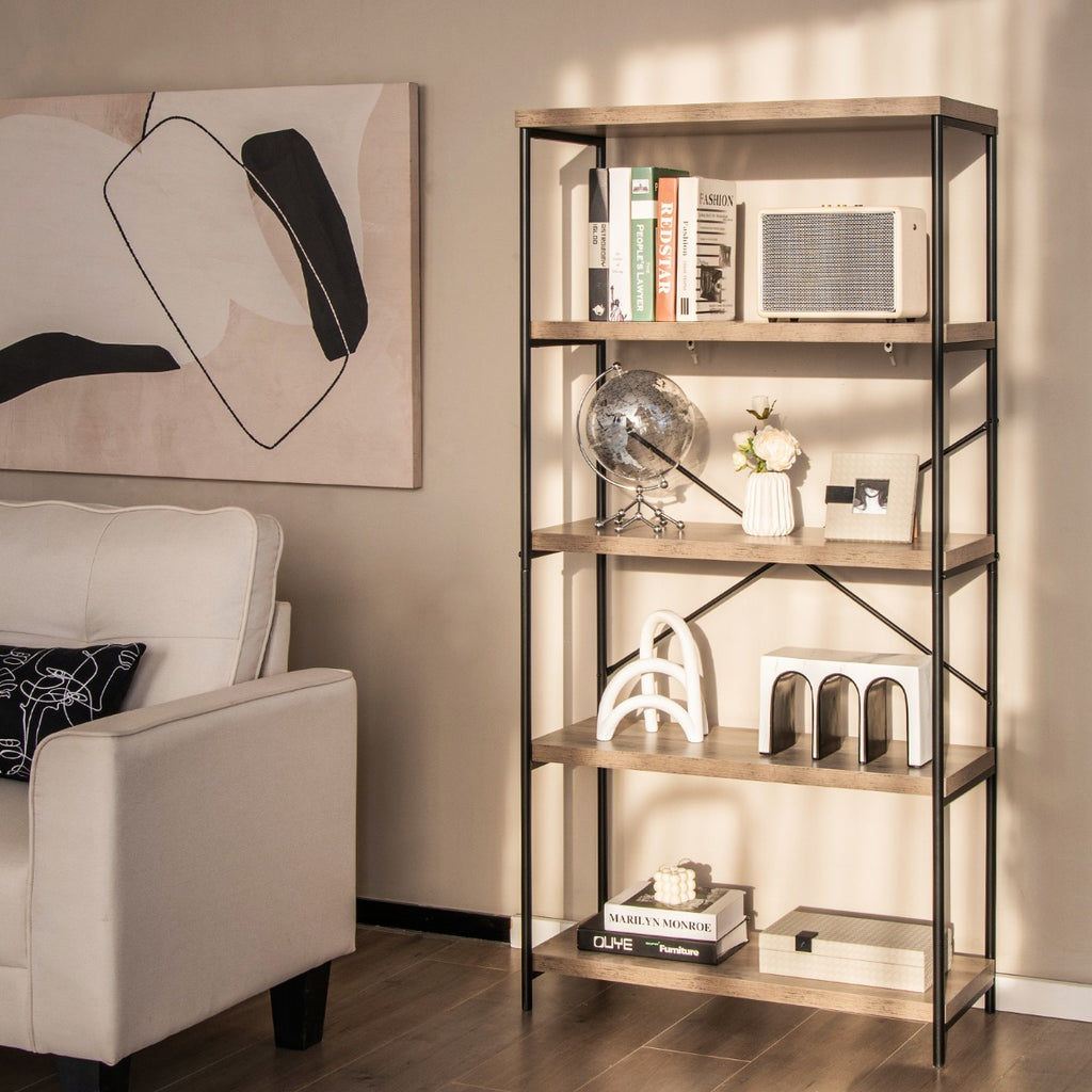 Freestanding Wooden 5-Tier Storage Bookshelf-Grey