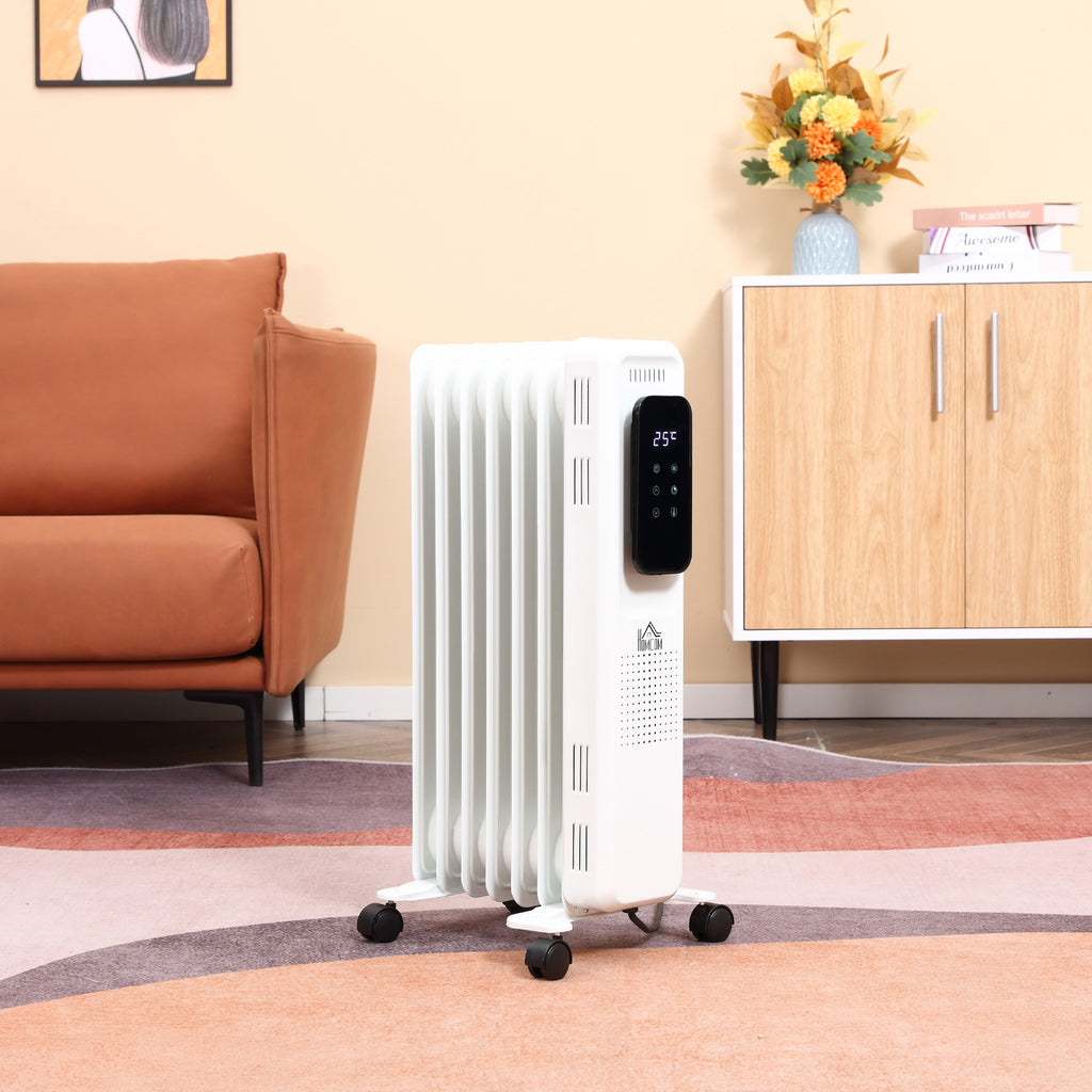 HOMCOM 1630W Oil Filled Radiator, 7 Fin, Portable Electric Heater with LED Display, 24H Timer, 3 Heat Settings, Safety Cut-Off Remote Control-White - Inspirely