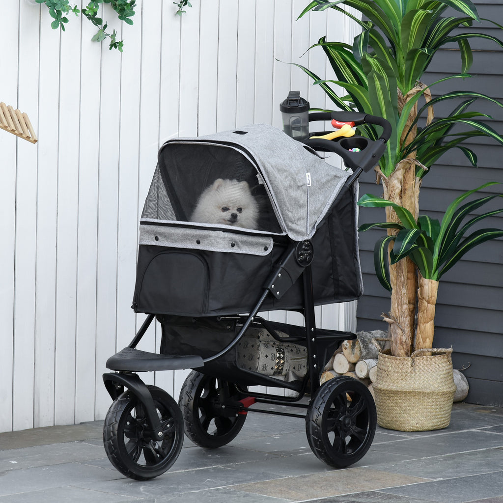 Folding 3 Wheel Pet Stroller Pushchair Travel with Adjustable Canopy Storage Brake Grey - Inspirely