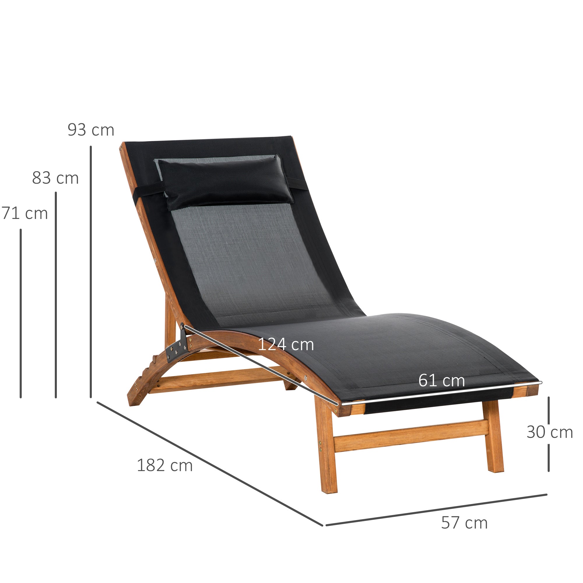 Outsunny Ergonomic Patio Lounge Chair Wooden Outdoor Chaise w/ 3 Adjustable Back and Removable Headrest Pillow for Garden Black
