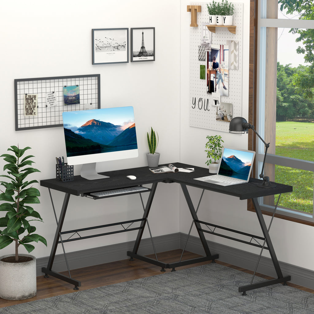 HOMCOM Office Gaming Desk L Shape Straight Corner Table Computer Work Station Laminated Sturdy Comfort w/ Keyboard Tray Black - Inspirely