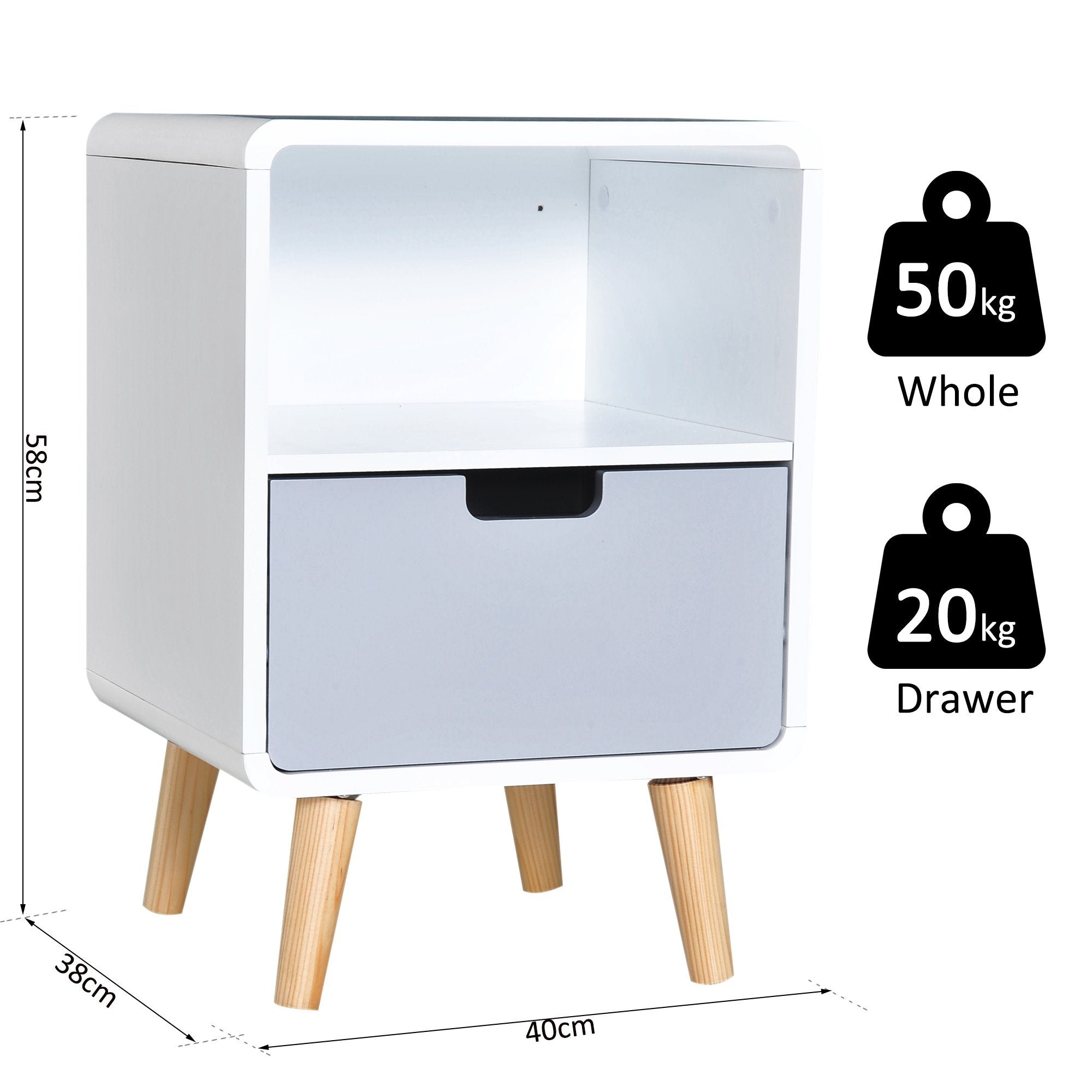 HOMCOM Scandinavian Style Bedside Table, 40Lx38Wx58H cm-White/Grey/Natural Wood Colour - Inspirely