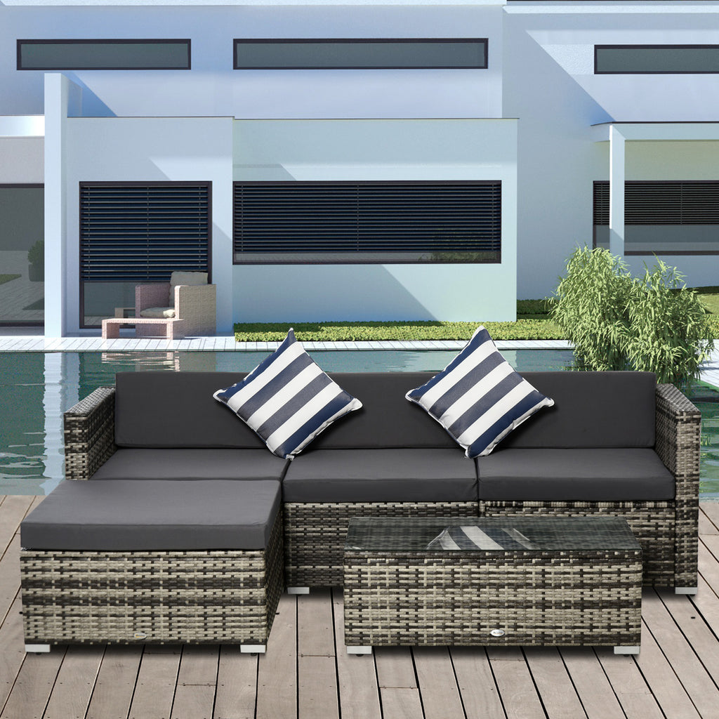Outsunny 4-Seater Garden Rattan Furniture Set, Outdoor Sectional Conversation PE  Rattan Sofa Set, with Cushions Pillows and Glass Table, Mixed Grey - Inspirely
