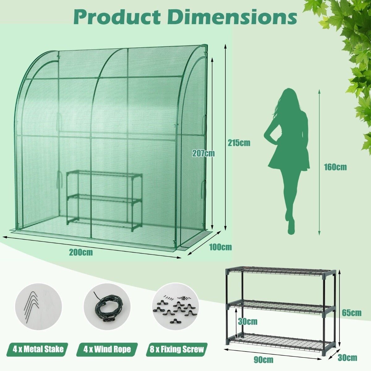 200 x 100 x 215cm Walk in Greenhouse with 3 Tier Plant Stand