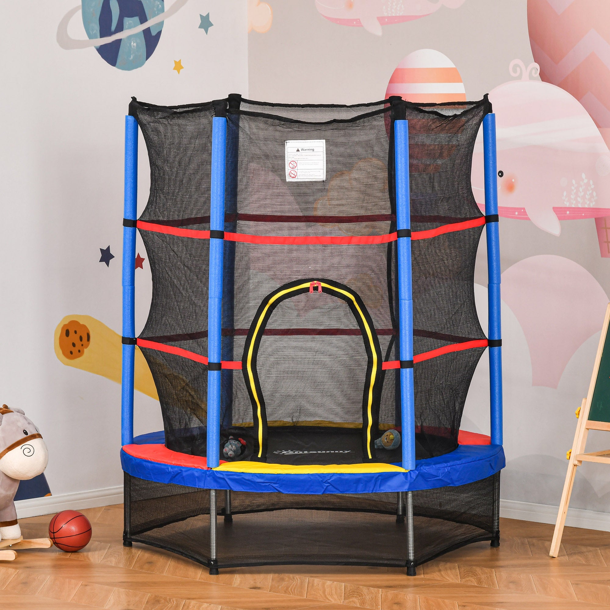 HOMCOM 5.2FT/63 Inch Kids Trampoline with Enclosure Net Steel Frame Indoor Round Bouncer Rebounder Age 3 to 6 Years Old Multi-color - Inspirely