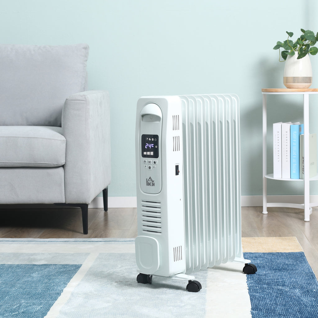HOMCOM 2180W Digital Oil Filled Radiator, 9 Fin, Portable Electric Heater with LED Display, 3 Heat Settings, Safety Cut-Off and Remote Control, White - Inspirely
