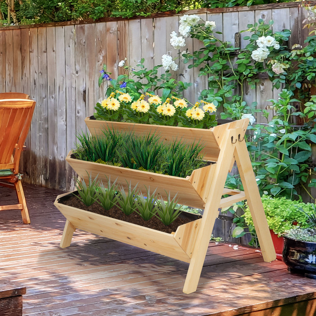 Outsunny 3 Tier Wooden Garden Raised Bed Vertical Plant Bed with Clapboard and Hooks, 120 x 68 x 80cm - Inspirely