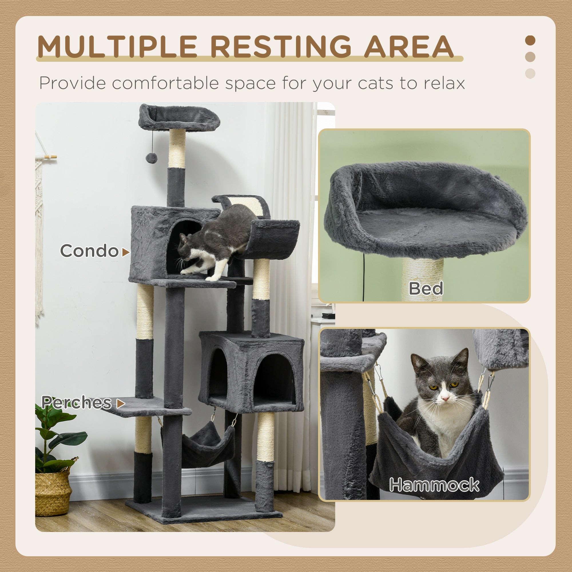 PawHut 177cm Cat Tree for Indoor Cats, Multi-level Kitten Climbing Tower with Scratching Posts, Condos, Hammock, Perches, Toy Ball, Dark Grey