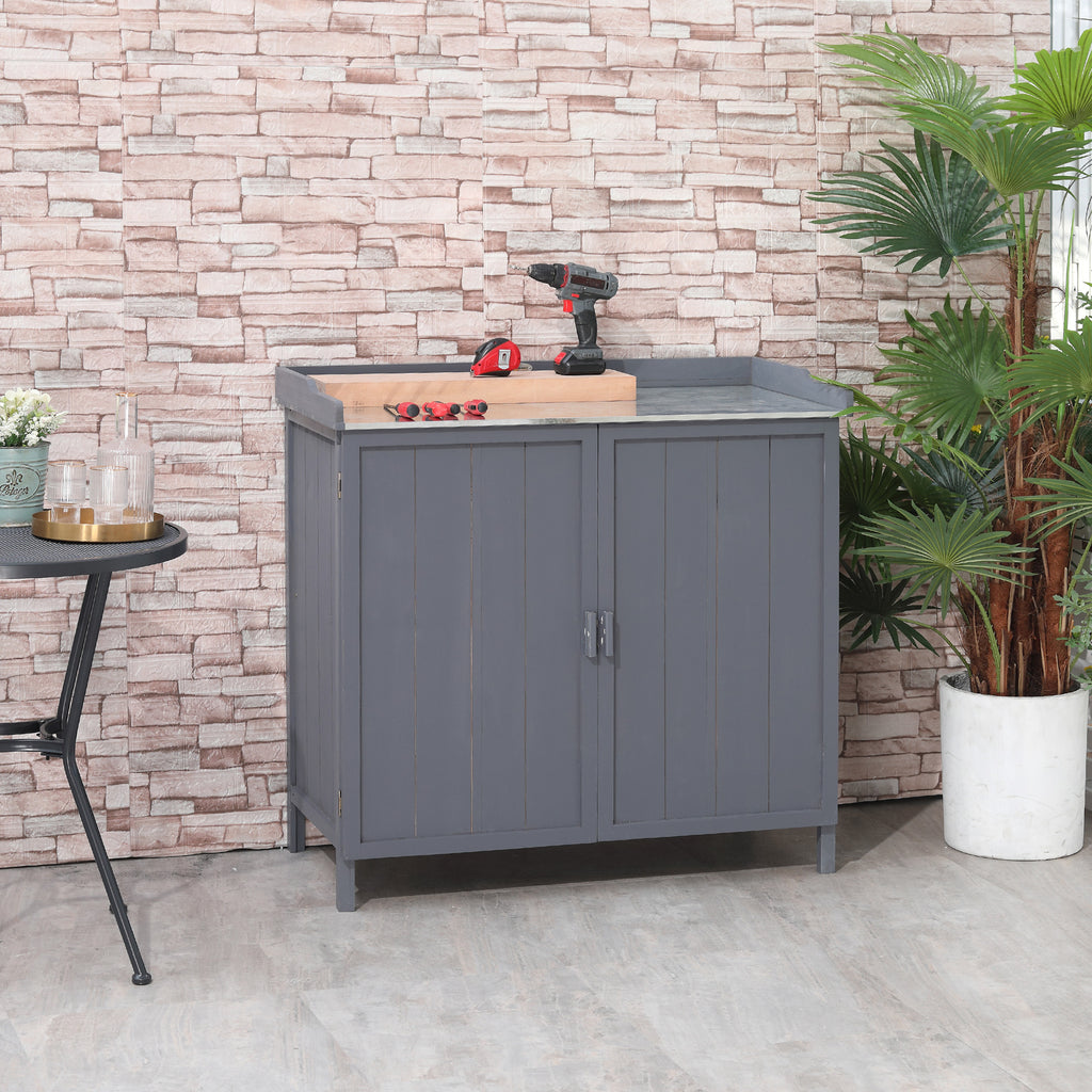 Outsunny Wooden Garden Storage Shed Tool Cabinet Organiser w/ Potting Bench Table, Two Shelves, 98 x 48 x 95.5 cm, Grey - Inspirely