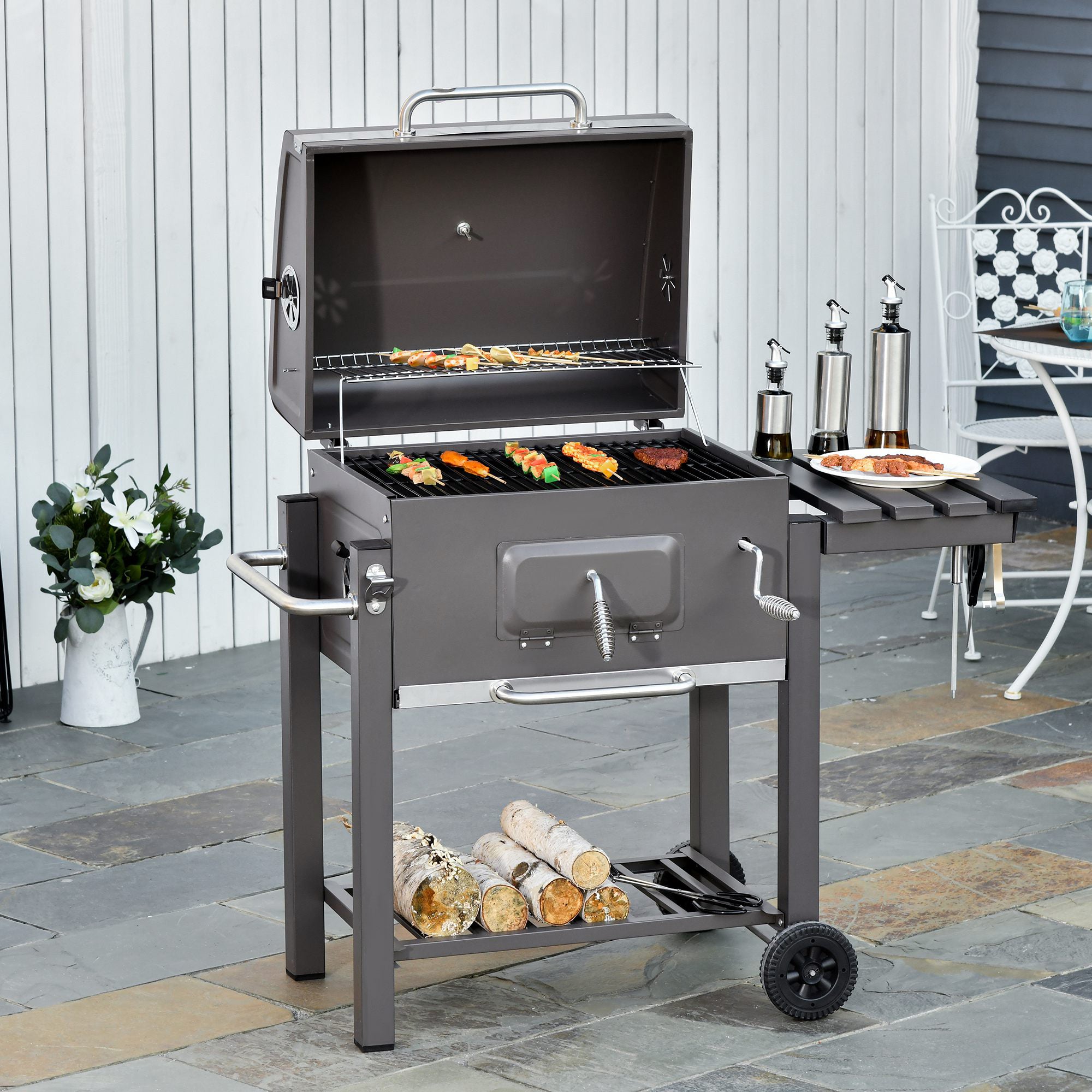 Charcoal Grill BBQ Trolley Smoker Barbecue Shelf Side Table Wheels - Inspirely