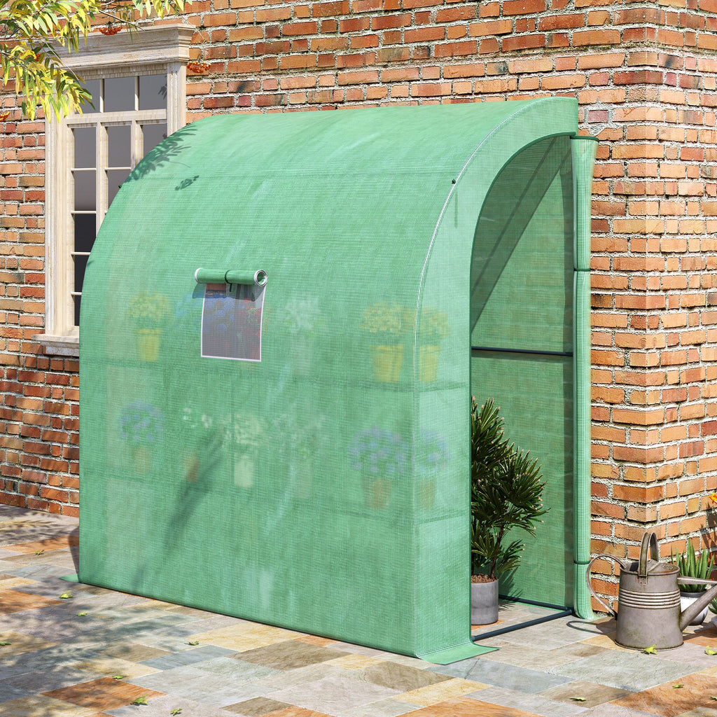 Outsunny Walk-In Lean to Wall Greenhouse with Windows and Doors 2 Tiers 4 Wired Shelves 200L x 100W x 215Hcm Green - Inspirely