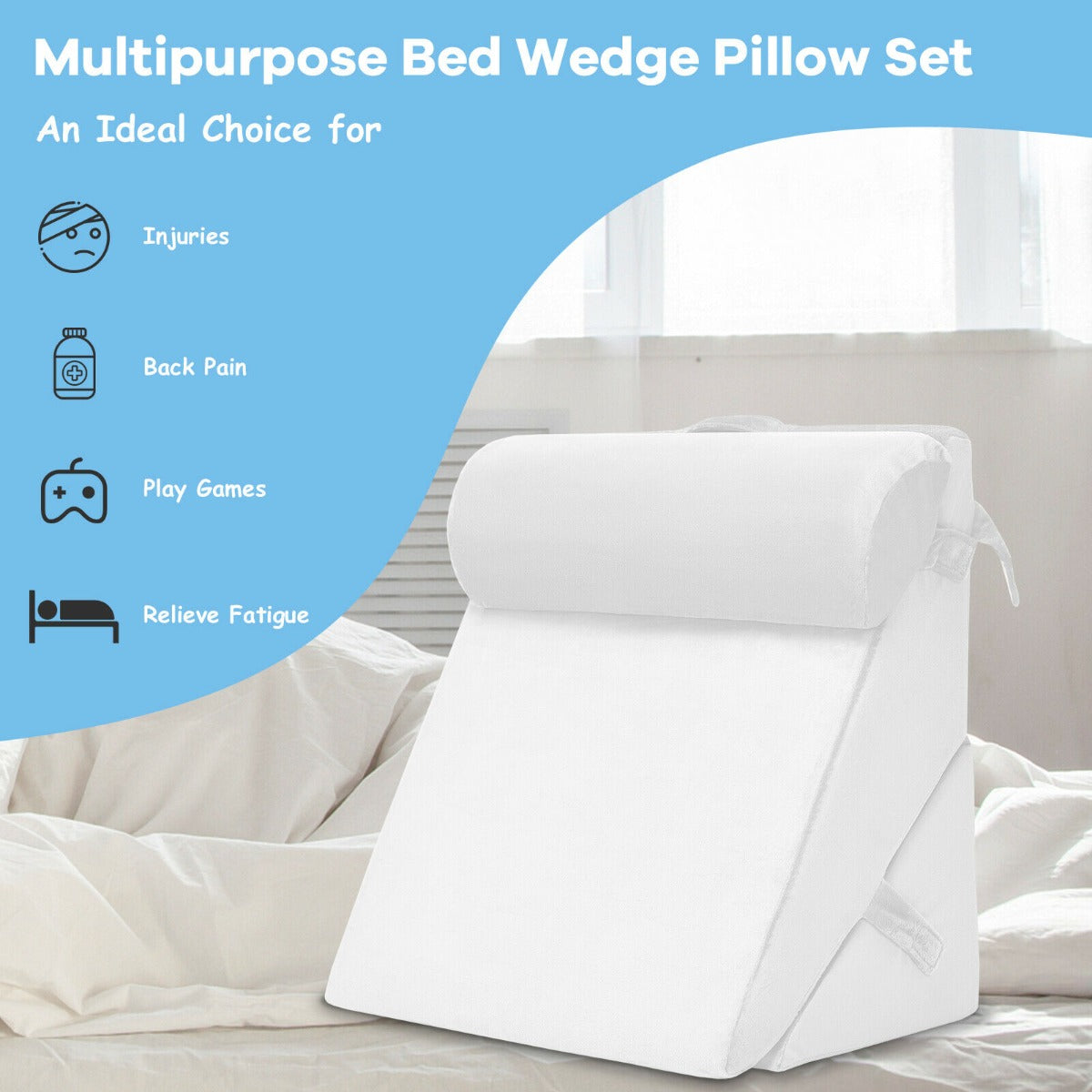 Bed Wedge Pillow with Headrest and Washable Cover for Reading White