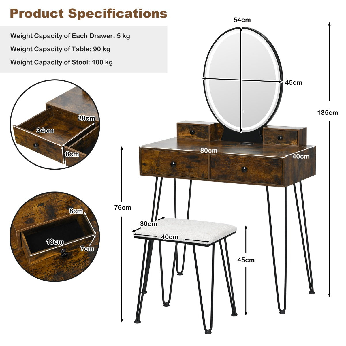 Vanity Table Set with 3-Color Lighted Dimmable Mirror-Rustic Brown