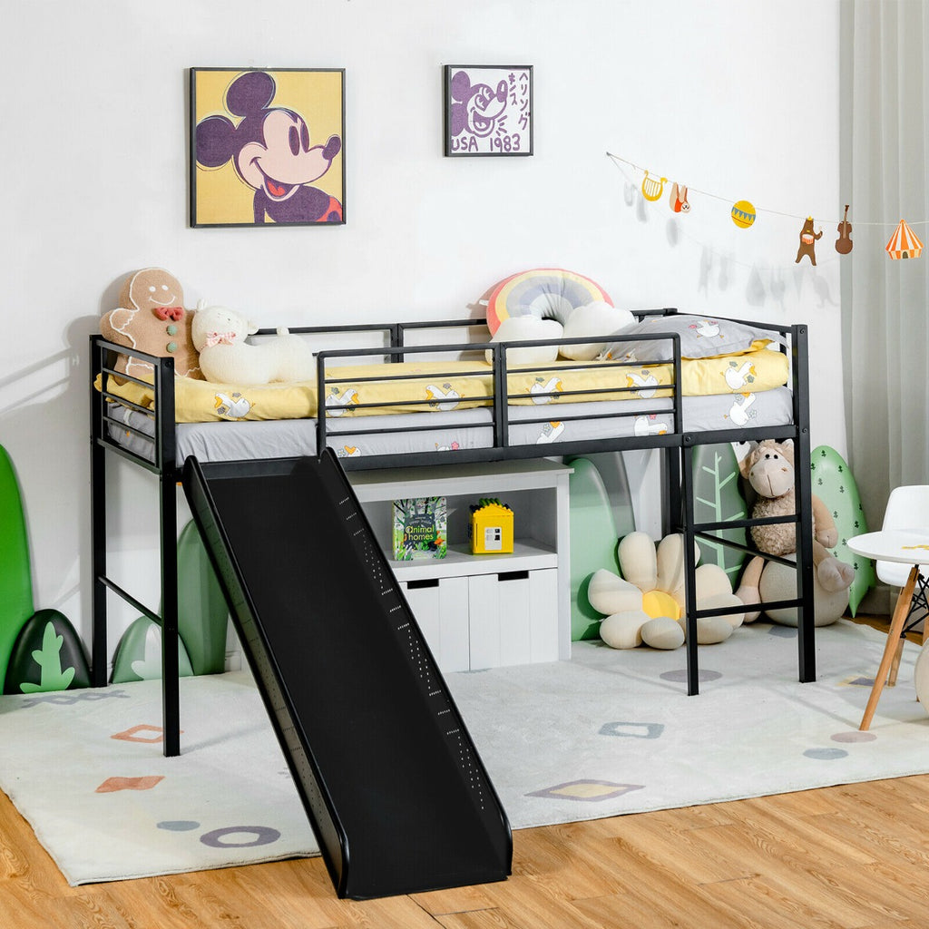 Sliding Loft Children Single Bed with Stairs and Safety Guardrails-Black