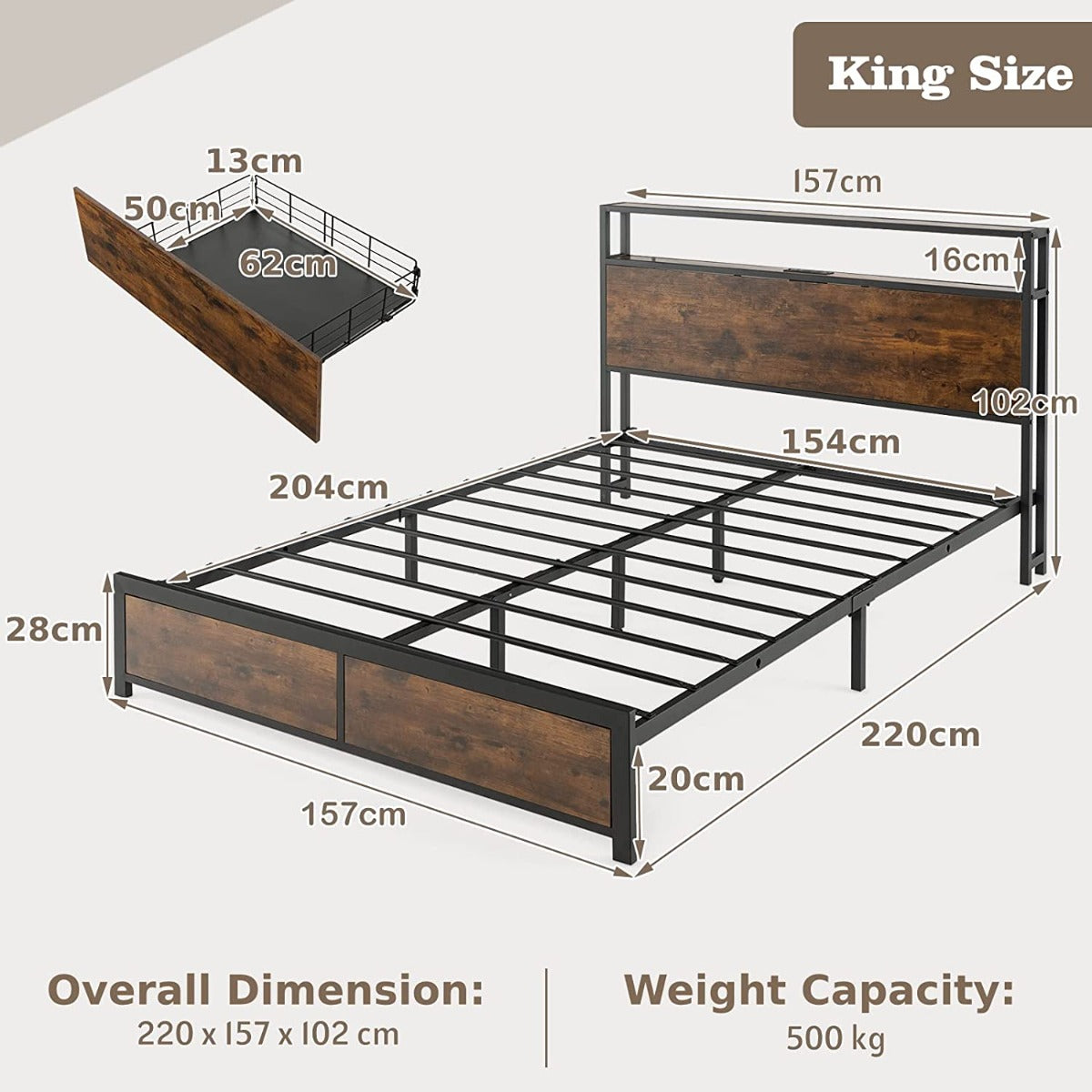 5 Feet King Size Metal Bed Frame with RGB LED Lights and Charging Station