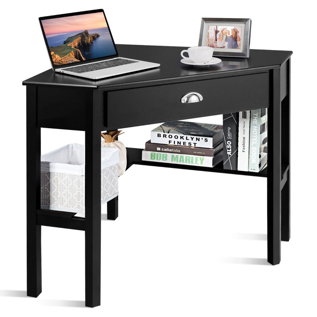 Corner Table / Computer Desk with Drawer and Shelves-Black