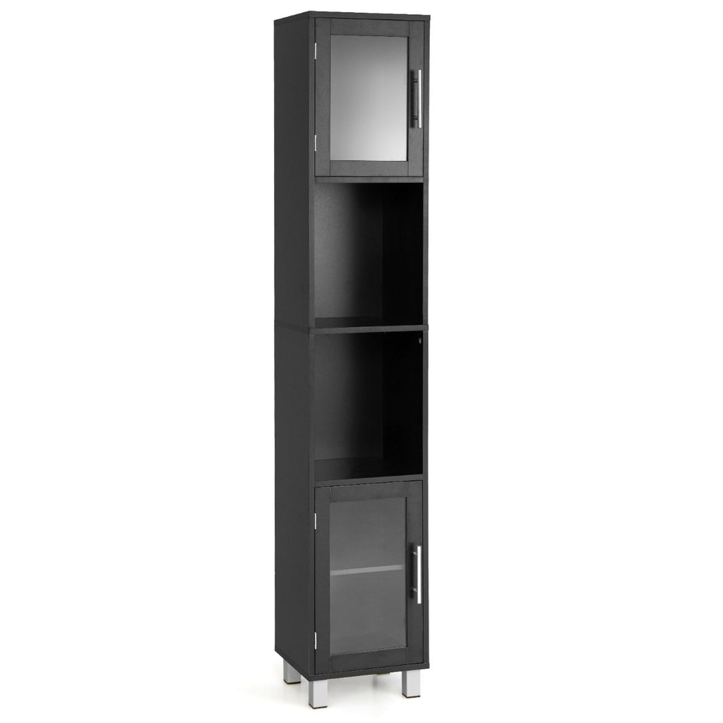 Freestanding Slim Wooden Bathroom Cabinet with Tempered Glass Doors Black