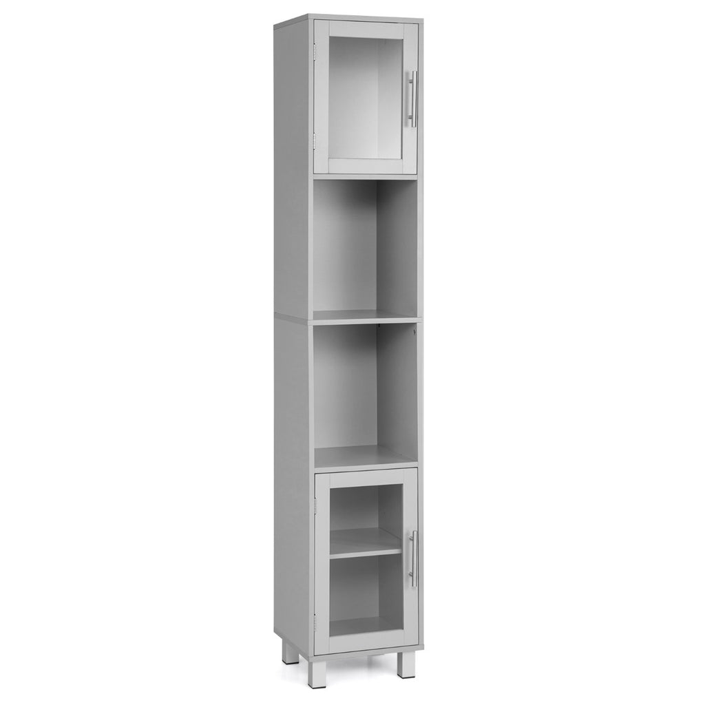 Freestanding Slim Wooden Bathroom Cabinet with Tempered Glass Doors Grey