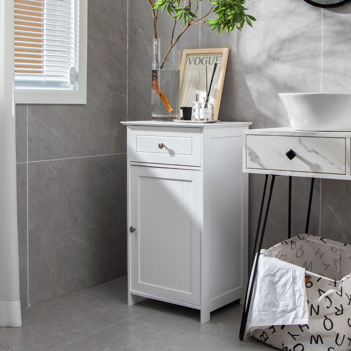 Bathroom Floor Cabinet with 3-Position Adjustable Shelf