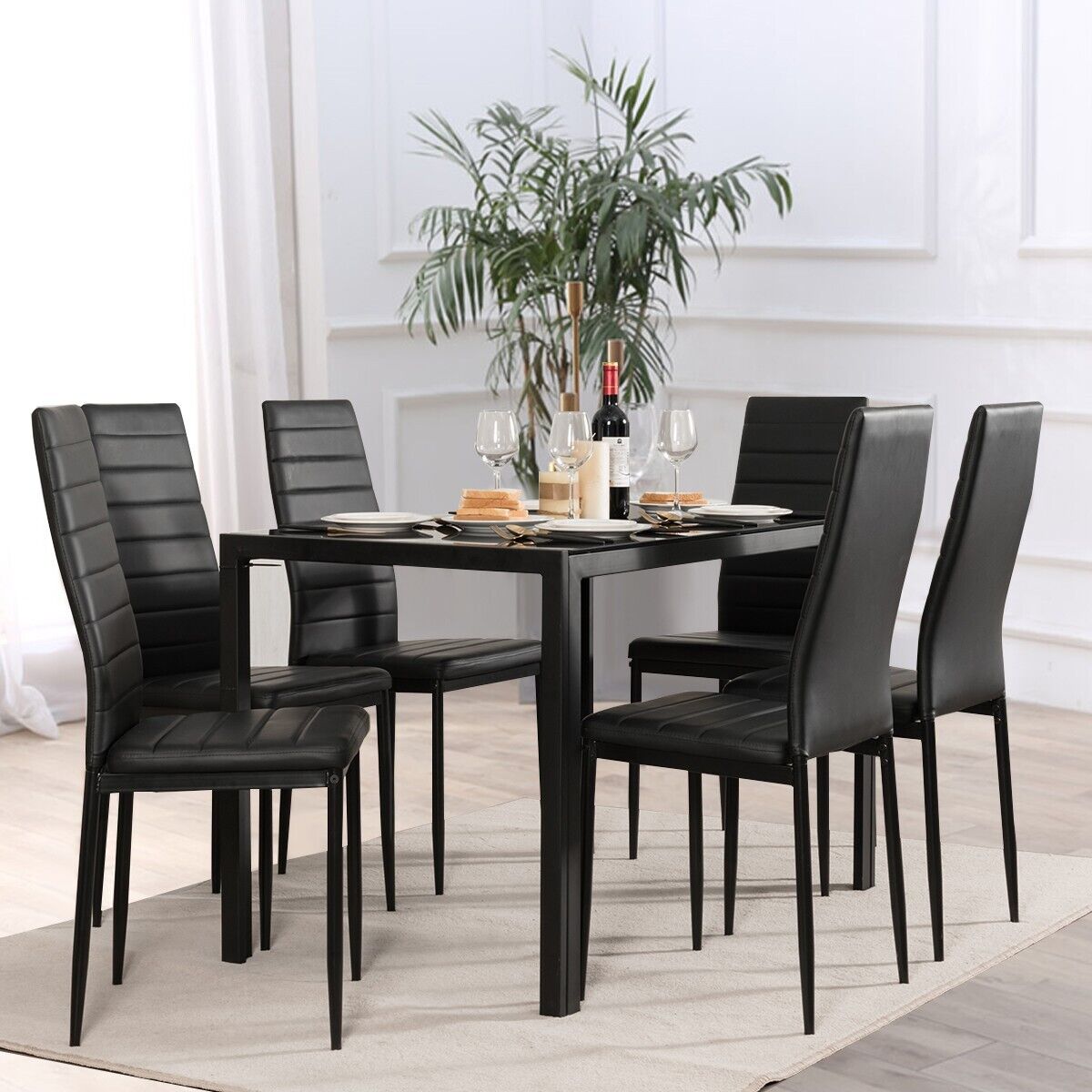 Set of 6 High Back Dining Chairs with Metal Legs and Foot Pads
