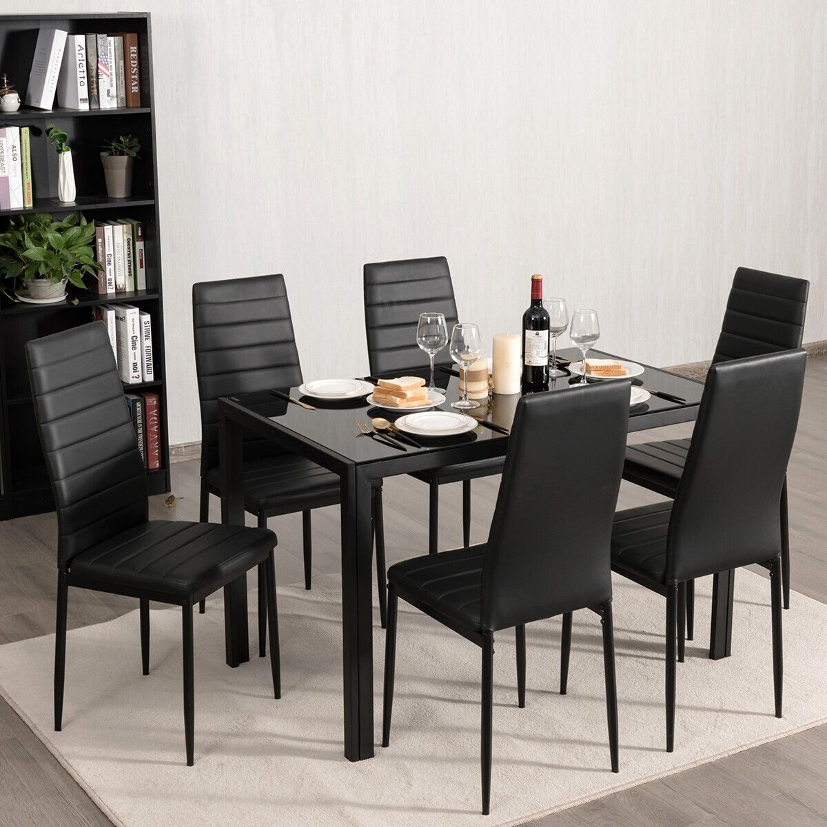 Set of 6 High Back Dining Chairs with Metal Legs and Foot Pads