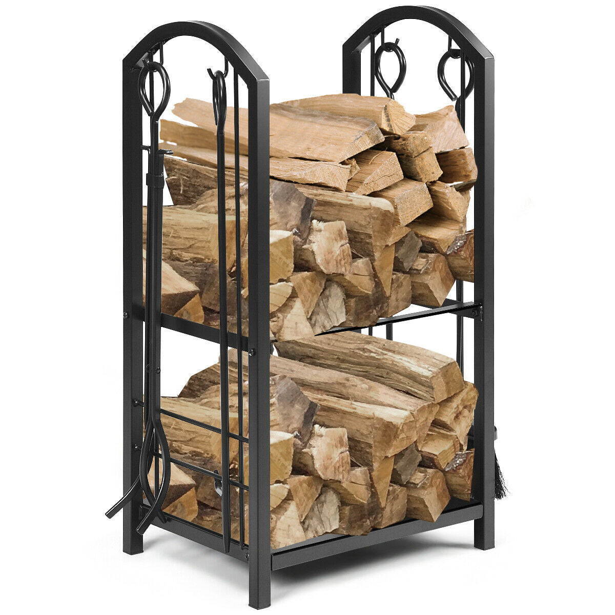 Firewood Log Rack with 4 Pieces Fireplace Tools Black