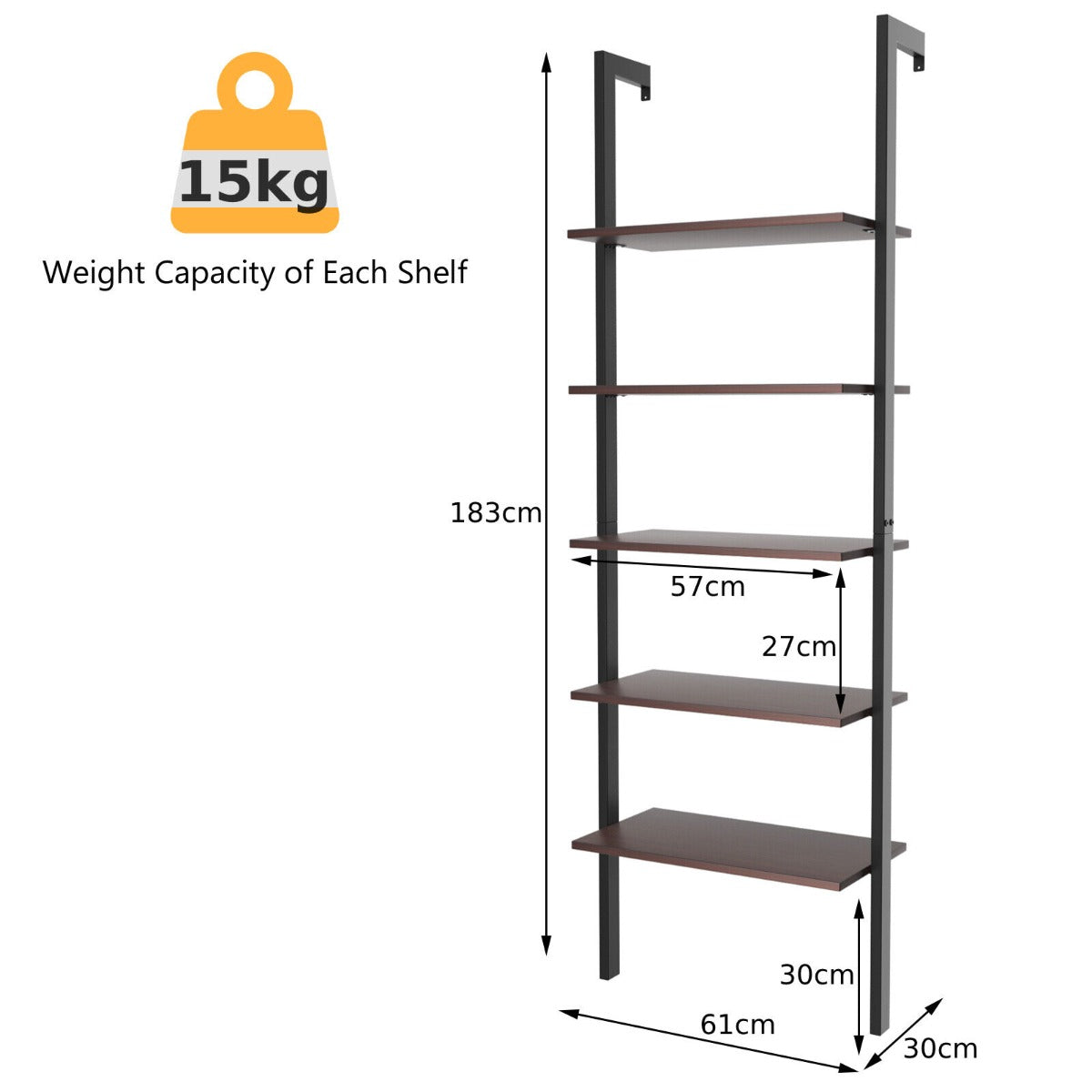 Industrial Styled Wall Mounted 5-Tier Ladder Shelf-Coffee