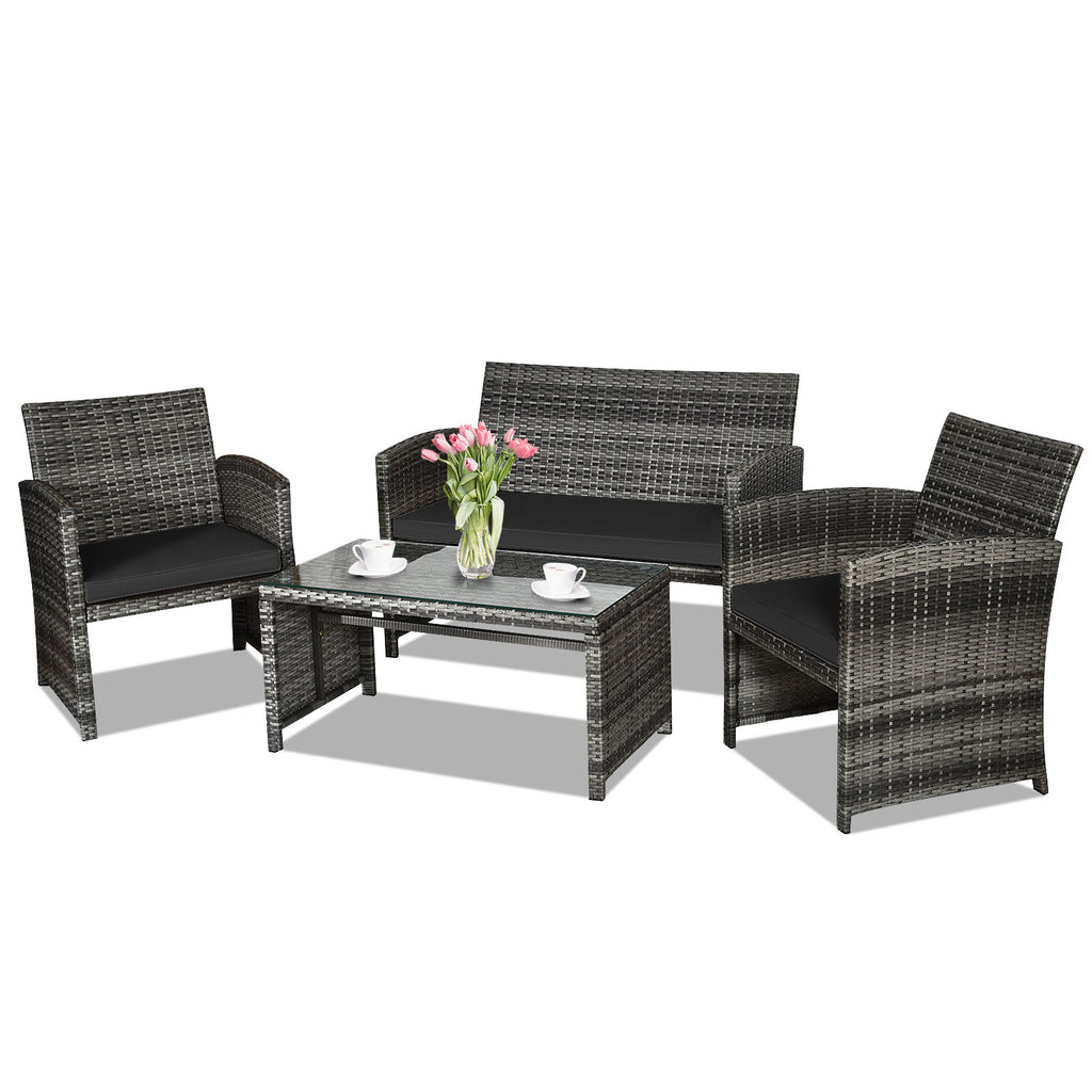 4 Pieces Patio Furniture Set with Cushions and Coffee Table-White