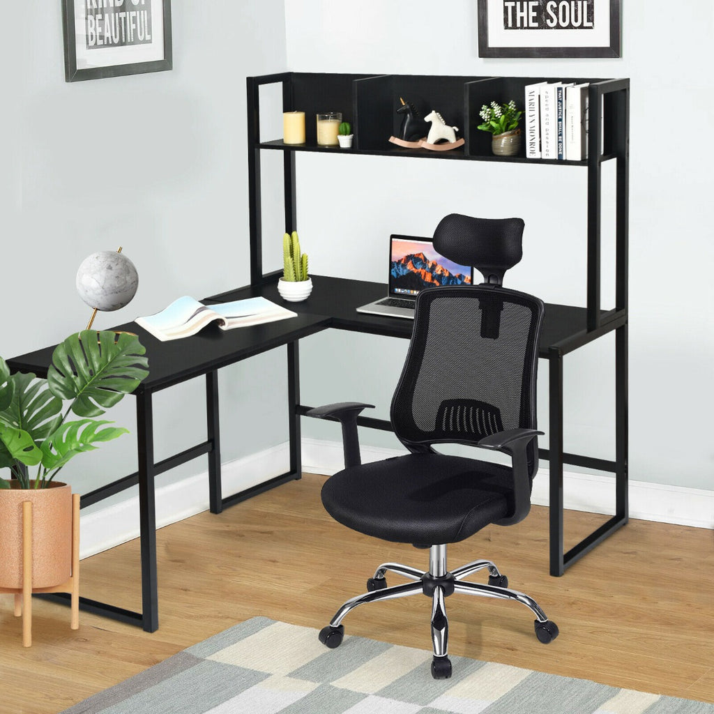 L Shaped Corner Computer Desk with Storage Bookshelf Black