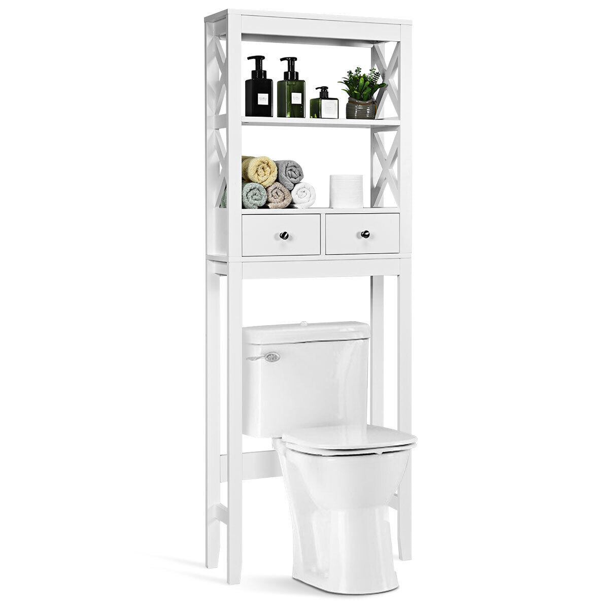 X Frame Over The Toilet Bathroom Storage Shelf with 2 Drawers