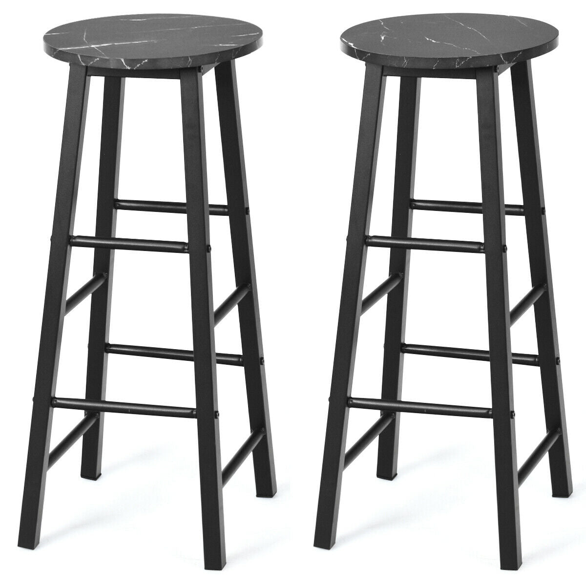 Set of 2 Faux Marble Bar Stools with Footrest and Anti slip Foot Pad Black