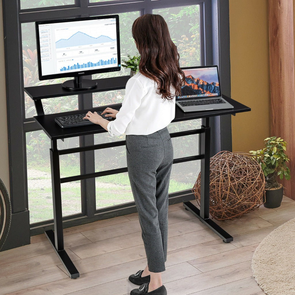 2-Tier Height Adjustable Standing Desk with Crank Handle-Black