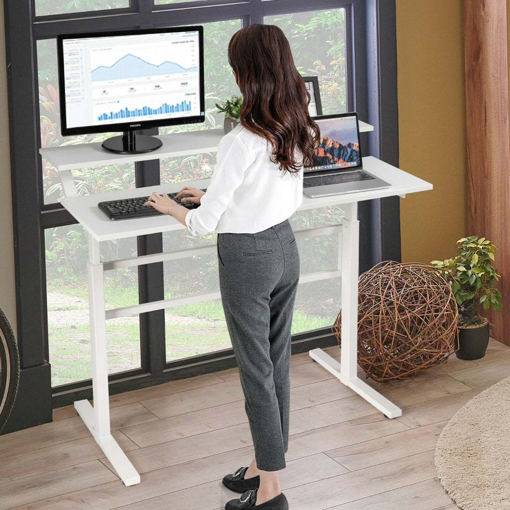 2-Tier Height Adjustable Standing Desk with Crank Handle-White