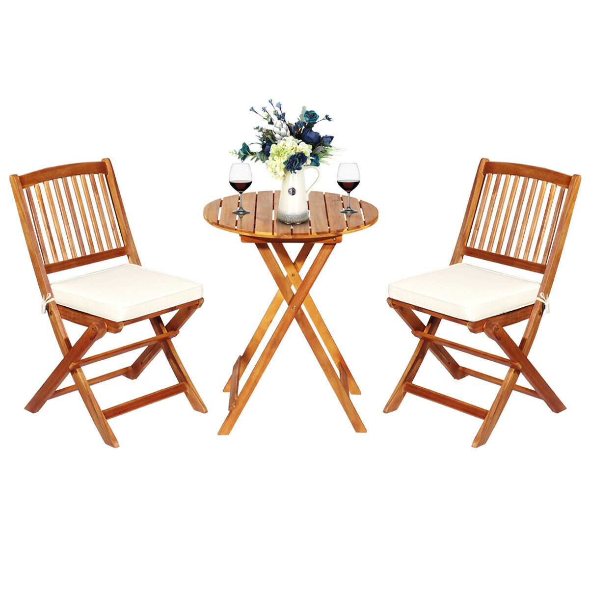 3 Piece Folding Bistro Set with Cushions for Patio-Beige