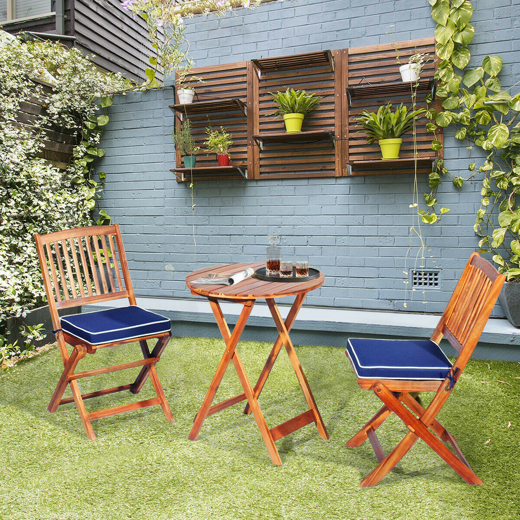 3 Piece Folding Bistro Set with Cushions for Patio Blue